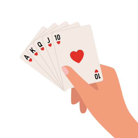 Hand holding playing cards. A royal straight flush in hearts. vector illustration