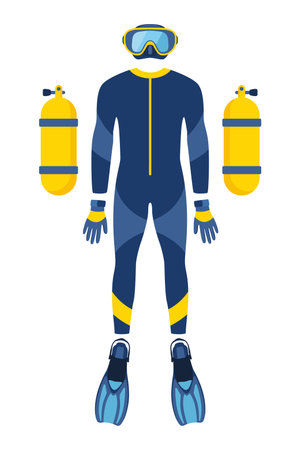 Diving equipment set. Scuba diving, aqualung oxygen cylinders, diving costume, flippers, mask and tube Vector illustrationのイラスト素材