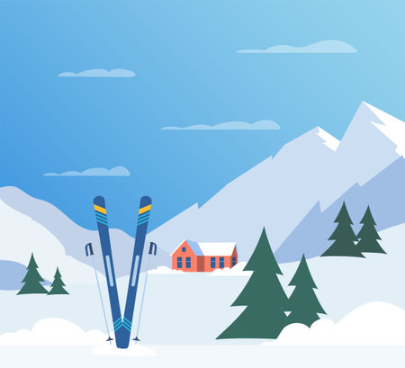 Ski resort. Winter mountain landscape with lodge, ski lift. Winter sports vacation banner. Vector illustrationのイラスト素材