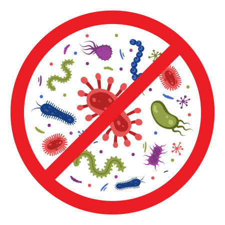 Antibacterial defense icon. Stop bacteria and viruses prohibition sign. antiseptic. Various bacteria in the red crossed-out circle. vector illustrationのイラスト素材