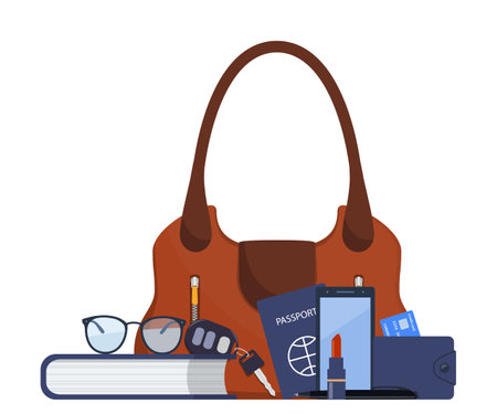 Woman handbag and contents. Diary, glasses, wallet, bank card, pen, smartphone, passport car keys lipstick Vector illustrationのイラスト素材