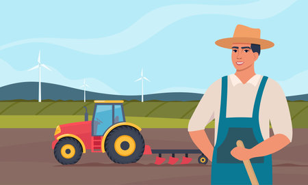 Tractor plowing the field and farmer stands in the foreground. Rural farm landscape. agriculture concept. farm machine. vector illustrationのイラスト素材