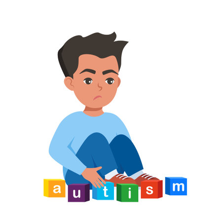 autism concept. Boy feeling lonely. Sad boy sitting on floor surrounded by cubes toys with word autism. vector illustrationのイラスト素材