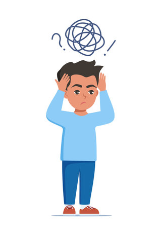 Sad boy standing on floor surrounded by by stream of anxious thoughts. Autism, child stress, mental disorder, anxiety, depression, stress, headache. Child plugged ears with hands. vector illustrationのイラスト素材