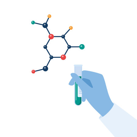Chemical Researcher's hand in a rubber glove holding test tube with some substance. Molecule of organic substance. laboratory research. vector illustrationのイラスト素材