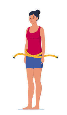 Beautiful slim woman and measuring tape. Idea of weight loss and healthy living. Beautiful female character after weight loss. weight loss concept. vector illustrationのイラスト素材