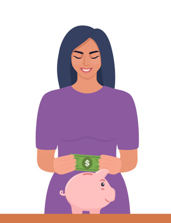 Young woman putting a dollar bill into a piggy bank. Money saving, economy concept. Profit, income, earnings, budget, fund. Vecor illustrationのイラスト素材