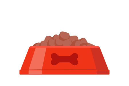 Dog dry food bowl. Bowl with bone drawing on it. Red pet bowl with dry food. vector illustrationのイラスト素材