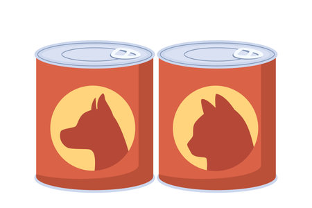 Variety of pet foods for different animals. Canned food for cats, dogs. vector illustrationのイラスト素材