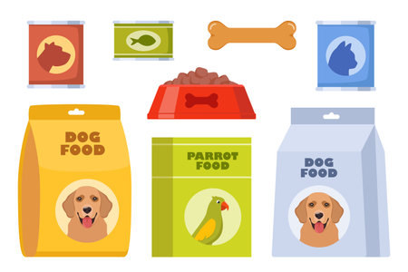 Various pet food set. Packages of dry and wet canine and feline food. Bowl of dry food. Pet shop, domestic animal, care concept. vector illustrationのイラスト素材