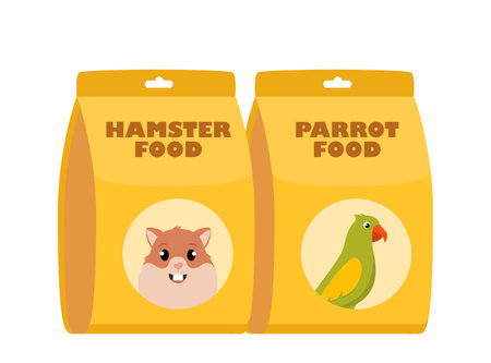 Parrot Food and Hamster food pack. Packages of dry food. Pet shop, domestic animal, care concept. vector illustrationのイラスト素材