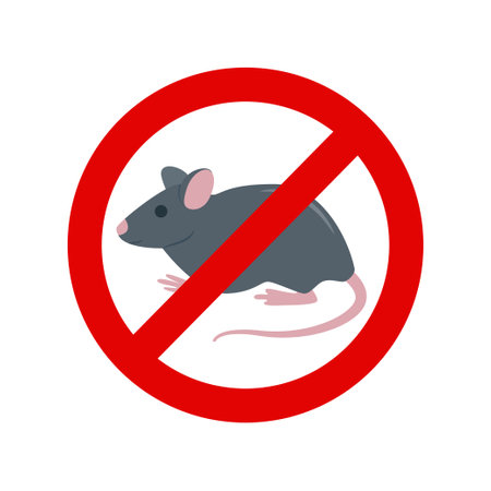 Rat in red forbidding circle. Rat sign, pest control icon, deratization and rodents disinfection service. Rats pest control stop sign, extermination of vermin rodents. vector illustrationのイラスト素材