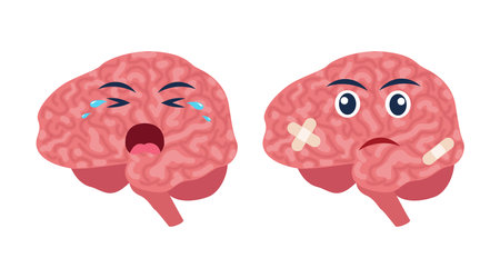 Sick brain with pain ache or disease. Sad cartoon character brain, body organ injured or unhealthy. Human cartoon anatomy, kids medicine. vector illustrationのイラスト素材