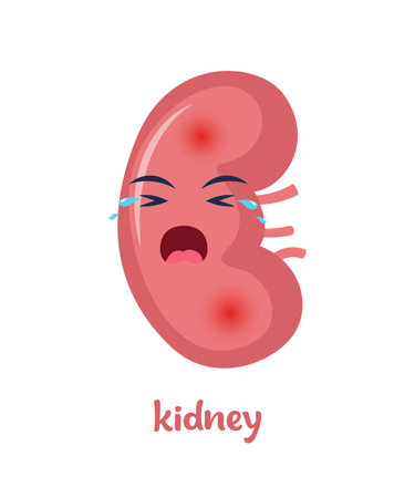 Sick kidney with pain ache or disease. Sad cartoon character kidney, body organ injured or unhealthy. Human cartoon anatomy, kids medicine. vector illustrationのイラスト素材