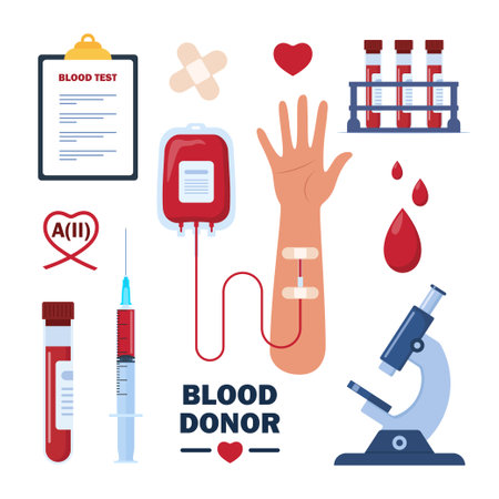 Blood transfusion, blood donation set. Hematology icons. Donate Blood, Health Care Concept. World Blood Donor Day. vector illustrationのイラスト素材