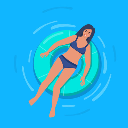 Happy woman in swimsuit floating on rubber ring in swimming pool or in the sea. Relaxation, enjoying life concept. vector illustrationのイラスト素材