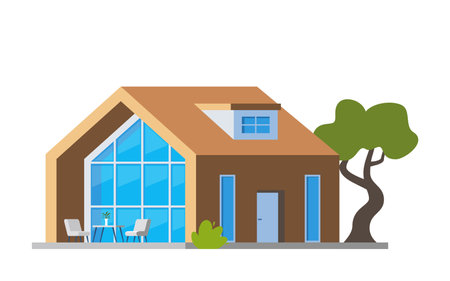 Beautiful modern house exterior, front view, minimalistic architecture design. Luxury villa exterior, country cottage, family home, real estate. smart house concept. Flat style, vector illustrationのイラスト素材