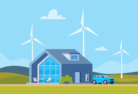 Green energy and eco friendly modern house. Solar, wind power. Electric car parking charging at family home charger station. wind turbines at background. vector illustrationのイラスト素材