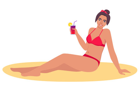 Woman dressed in swimsuit sunbathing on the beach with cocktail in her hand and smiling. summer holidays. Beautiful sexy girl in bikini. vector illustrationのイラスト素材