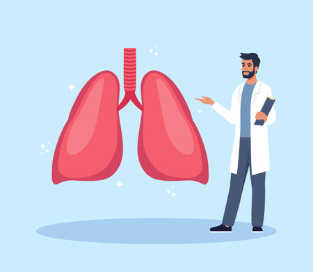 Doctor gives a training lecture about anatomy. Doctor presenting human lungs infographics. Medical seminar, lecture, healthcare meeting concept. vector illustrationのイラスト素材