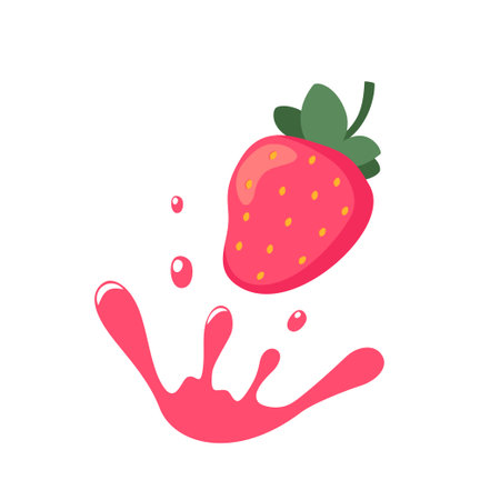 Strawberry in a splash of juice with drops, edible handmade mesh. natural strawberries. Fresh farm organic berry. vector illustrationのイラスト素材