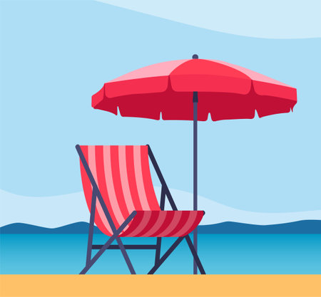 Beach umbrella and Sun lounger. Sunbed with parasol at sand beach. Summer tropical resort with private chaise-longues at seacoast. Empty sunbed at seaside. vector illustrationのイラスト素材