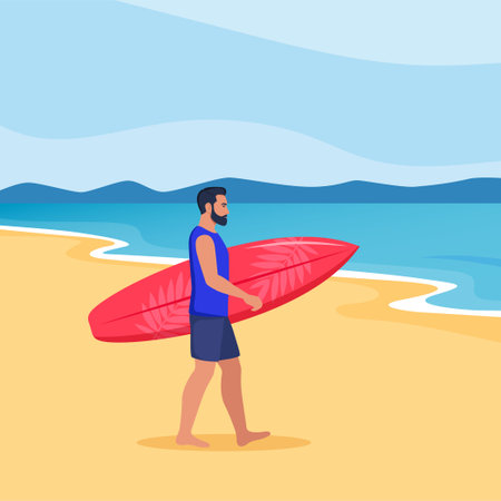 Young man walks with a surfboard towards the sea. vector illustrationのイラスト素材