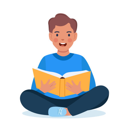 Boy sitting on the floor and reading book. Book lover, reader. Happy kid seating in lotus pose with opened book. vector illustrationのイラスト素材