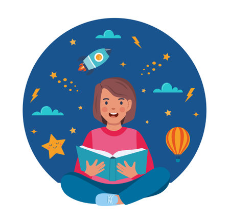 Girl sitting on the floor and reading book. Planet, rocket, star, cloud, aerostat. Education concept for kids. Knowledge, creativity, discoveries. education banner. Back to school Vectorのイラスト素材