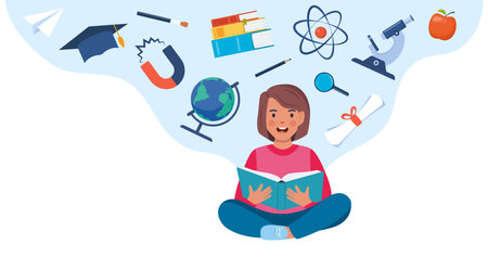 Girl sitting on the floor with opened book. School icons around. Microscope, atom, books, magnet, globe, basketball. education concept. Knowledge, creativity, discoveries Back to school Vectorのイラスト素材