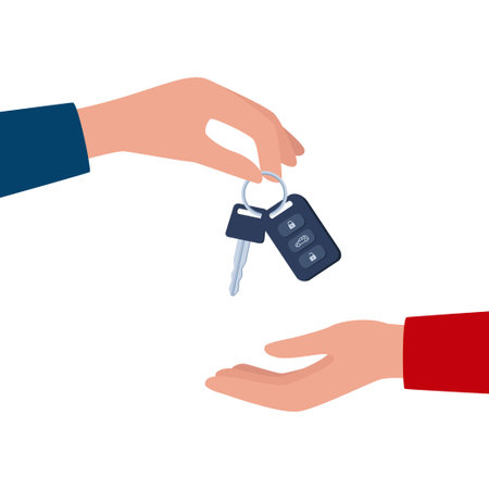 Dealer hand giving keys chain to a buyer hand. Buying or renting a car. vector illustrationのイラスト素材