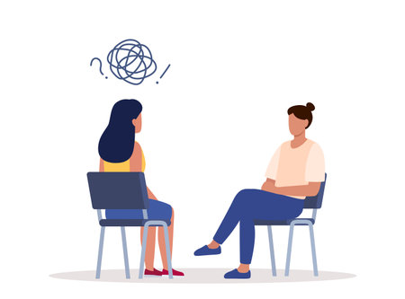 Female psychotherapist has an Individual session with her patient. Talk therapy concept. vector illustrationのイラスト素材