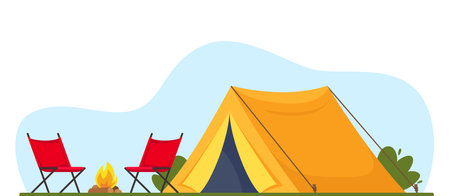 Orange tent, campfire and chairs. Banner, poster for Climbing, hiking, trakking sport, adventure tourism, travel backpacking Vector illustrationのイラスト素材