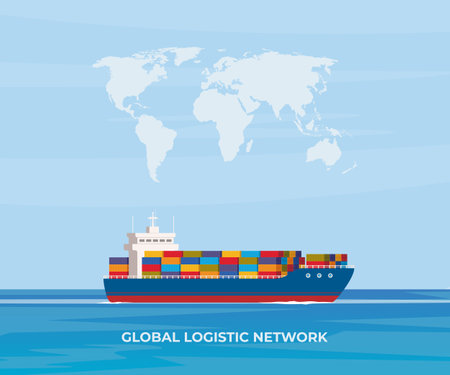 Cargo ship with containers in the ocean. Delivery, shipping freight transportation. global logistic network. import, export. vector illustrationのイラスト素材