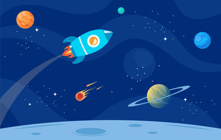 Space with rocket, planets and stars. Vector Illustration Of Spaceのイラスト素材