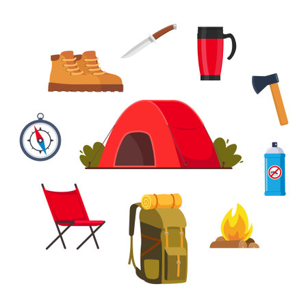Camping and hiking equipment set. Big collection of elements or icons for Sports, adventures in nature, recreation and tourism concept design. vector illustrationのイラスト素材