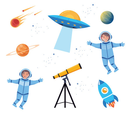 Cartoon kids space and galaxy. Space objects, telescope, astronauts, rocket, flying saucer, planets comet Vector illustartionのイラスト素材