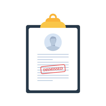 Dismissal document, dismissed stamp. Getting fired. CV resume, personal data. Unemployment dismissal of workers. Layoff, crisis, employee job reduction. vector illustrationのイラスト素材