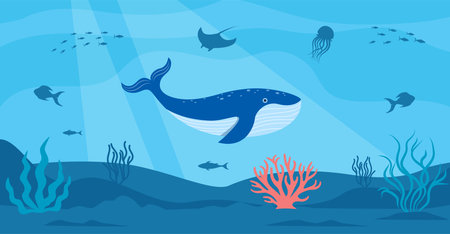 Underwater cartoon landscape. The bottom of the sea. Cute whale. Fish, plants, jellyfish. vector illustrationのイラスト素材