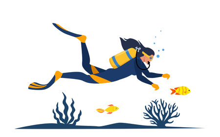 Woman diver with diving equipment wearing wetsuit with oxygen tank and fins. Diver swimming among algae, corals. fishes. vector illustrationのイラスト素材