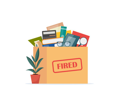 Box with the things of a dismissed employee. Office accessories in cardboard box. Working stuff, documents, plant, photo frame, calculator. fired from job. concept of unemployment. vectorのイラスト素材