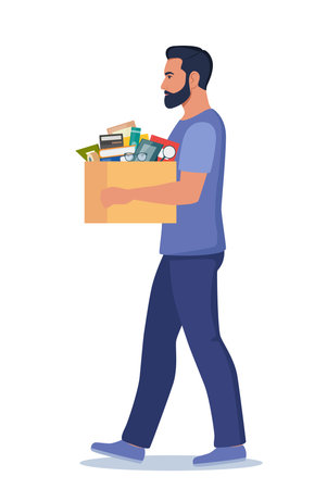 Dismissal, employee replacement. Unhappy man dismissed from job, leave office with stuff in box. Unemployment dismissal of workers. Layoff, crisis. vector illustrationのイラスト素材