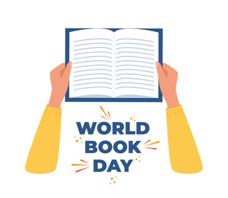 world book day. Hand holding open book. Stack of books and lettering. Designed to greet or celebrate Book Day. vector illustrationのイラスト素材