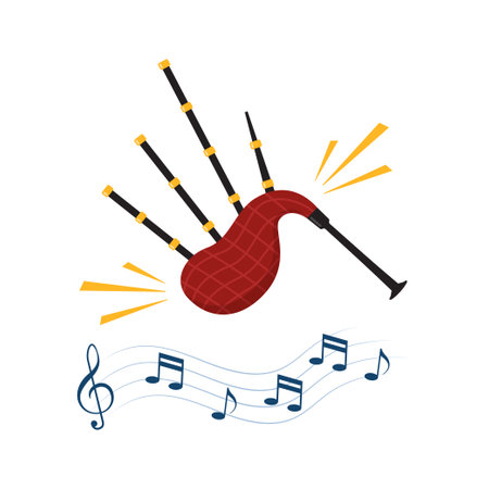 Bagpipes icon, music instrument. Treble clef with notes on wavy lines. music concept. vector illustrationのイラスト素材