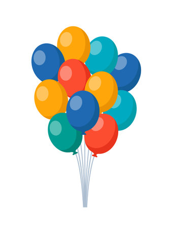Bunch of balloons for birthday and party. Flying ballon with rope. Flat icon for celebration and carnival. Vector illustrationのイラスト素材