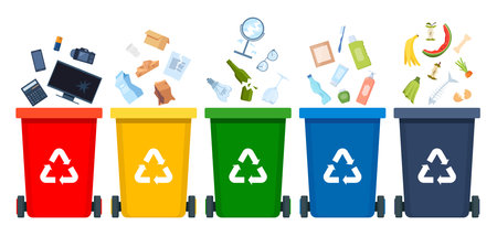 Garbage sorting set. Bins with recycling symbols for e-waste, plastic, metal, glass, paper, organic trash. Vector illustration for zero waste, environment protection conceptのイラスト素材