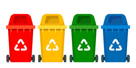 Multicolored trash bins with recycling symbols for e-waste, plastic, metal, glass, paper, organic trash. Vector illustrationのイラスト素材