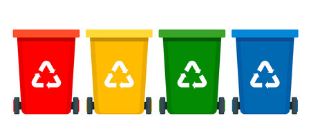 Multicolored trash bins with recycling symbols for e-waste, plastic, metal, glass, paper, organic trash. Vector illustrationのイラスト素材