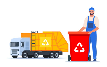Garbage truck and sanitation worker. Garbage man in uniform with trash bin and recycling symbol on it. Garbage sorting. Zero waste, environment protection concept. Vector illustrationのイラスト素材