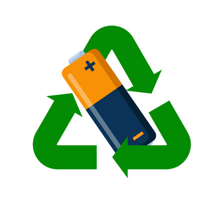 Used battery with green recycling symbol. Waste Electrical and Electronic Equipment. Garbage sorting. Zero waste, environment protection concept. Vector illustrationのイラスト素材